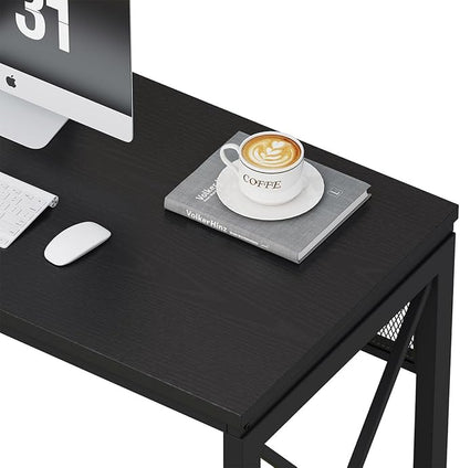 BON AUGURE Black Desk, Wood Computer Desk, Industrial Office Desks, Sturdy Writing Desks for Bedroom, Home Office, Living Room Study Workstation (Black, 54 Inch)