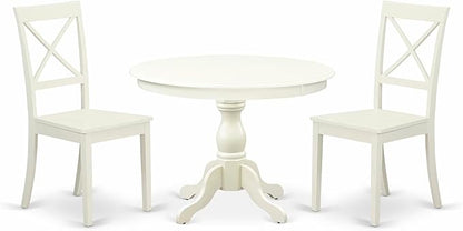East West Furniture HBBO3-LWH-W 3 Piece Kitchen Table & Chairs Set Contains a Round Dining Room Table with Pedestal and 2 Dining Chairs, 42x42 Inch, Linen White