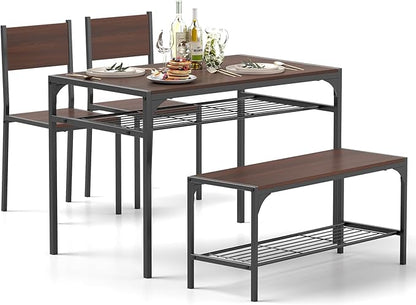 Tangkula Dining Table Set for 4, Kitchen Table and 2 Chairs for 4 with Bench, Additonal Storage Rack, 4 Piece Dining Table Set for Small Space, Apartment