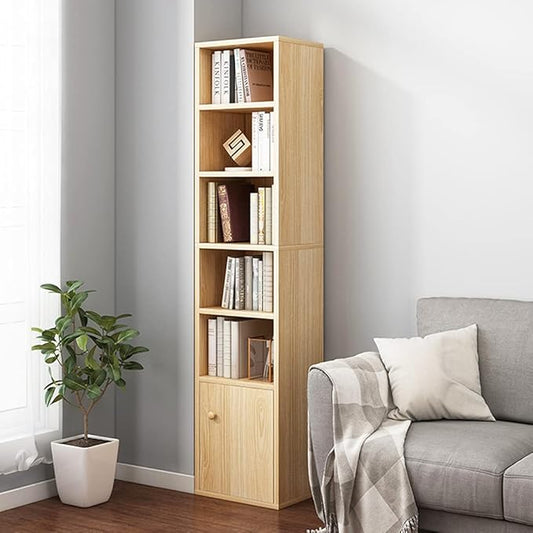 IOTXY Small Narrow Corner Bookcase - 59 Inches Tall Gap Freestanding Storage Cabinet, 6 Lattices Open Shelves Tower Rack with Door, Cubes Bookshelf in Oak