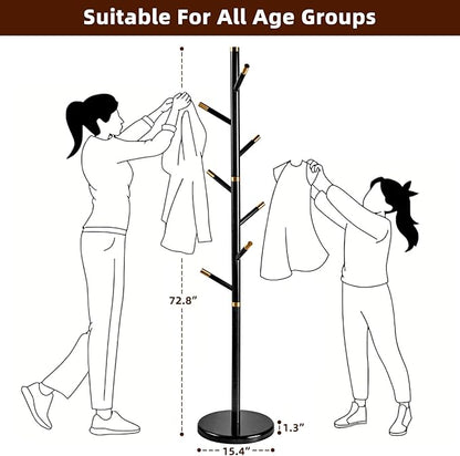 Uniclinens Coat Rack Freestanding Solid Wood Coat Tree Standing with 7 Hooks, Coat Rack Stand Creative Tree Branch-look (Black)
