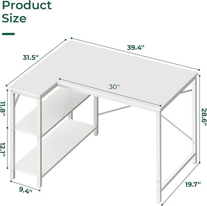 Huuger L Shaped Desk, 39 Inches Computer Desk with Reversible Storage Shelves, for Gaming Corner Home Office Writing Study, Metal Frame, White