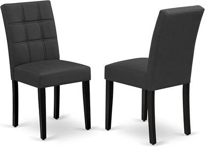 East West Furniture DLAS3-BLK-12 3 Piece Dining Table Set contain A Wood Table and 2 Dark Gray Polyester Fabric Dinner Chairs with Stylish Back- Black Finish