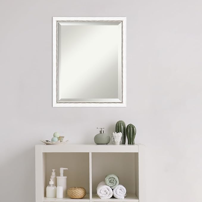 Amanti Art White Bathroom Mirror for Over Sink, 22x18 Morgan White Silver Rectangle Vanity Mirror, Small Modern Contemporary Wood Frame, Hangs Horizonally and Vertically, Bathroom Wall Decor, Beveled