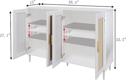 Buffet Sideboard,Kitchen Storage Cabinet with 4 Rattan Decorated Doors,Coffee Bar Cabinet with Adjustable Shelves for Living Room,Hallway,White