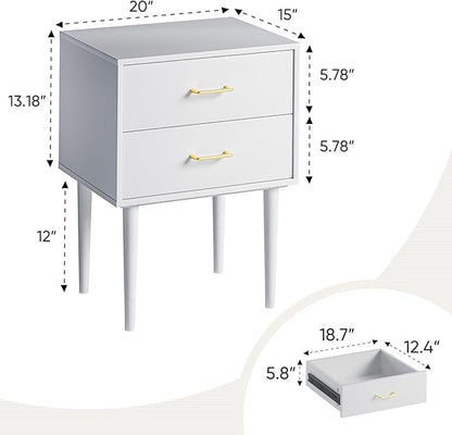 White Nightstand with 2 Drawers, 26" Tall Modern Bedside Table, Mid-Century Modern End Table, Wood Night Stand with Solid Wood Leg for Bedroom, Office