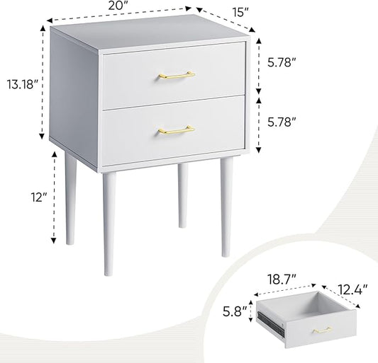 White Nightstand with 2 Drawers, 26" Tall Modern Bedside Table, Mid-Century Modern End Table, Wood Night Stand with Solid Wood Leg for Bedroom, Office