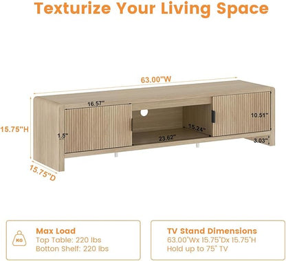 FATORRI TV Stand for TVs up to 75/65/55 Inch, Wood Entertainment Center with Storage, Farmhouse Waveform Fluted-Door Television Media Console for Living Room, Bedroom (63 Inch W, Light Walnut)