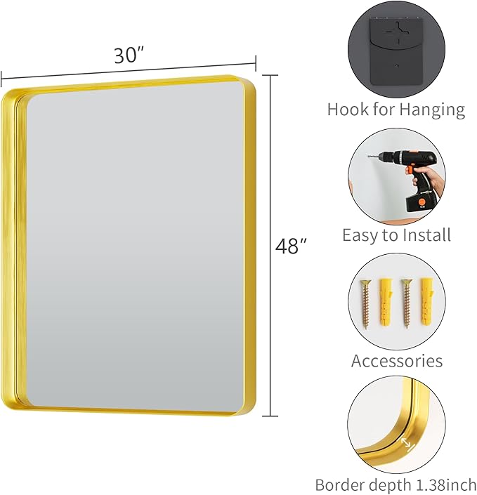 Koonmi Gold Wall Mirror for Bathroom, 30x48 Inch Matte Deep Framed Rounded Rectangle Vanity Mirror for Farmhouse Living Room, Tempered Glass, Anti-Rust, Vertically or Horizontally