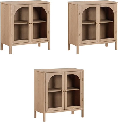 Nathan James Mason Modern Farmhouse TV Stand, Free Standing Accent Sideboard Buffet, Cabinet with Glass Doors and Adjustable Shelf, Clear Glass/Raw Oak Set of 3
