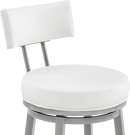 Armen Living Dalza Swivel Counter or Bar Stool in Cloud Finish with White Faux Leather