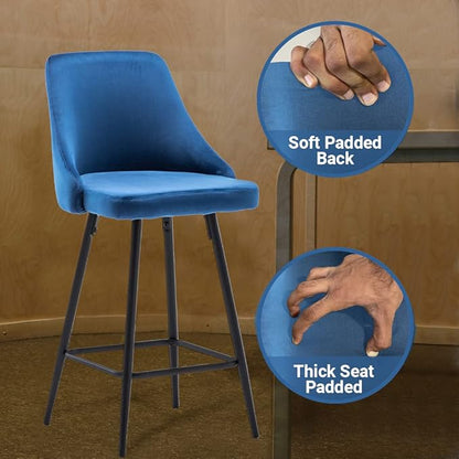BTEXPERT Set of 2,Premium upholstered Dining 25" Seat Height, High Back Count Stool Bar Chairs, Pack Blue Velvet barstools