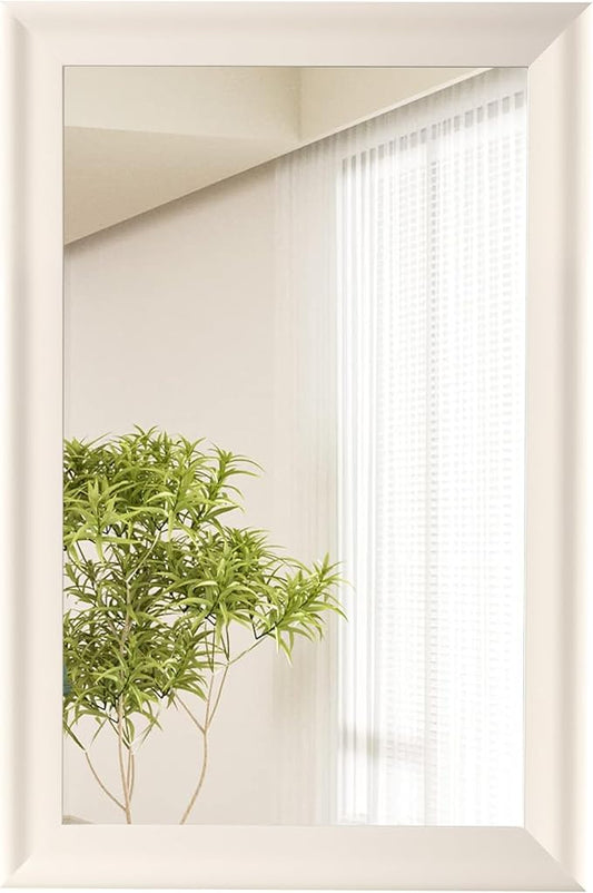 CULER White Wood Wall Mirror for Bathroom,Rectangle Rustic Beige 24 x 36 inch Hanging Vanity Ivory Mirrors with Wooden Frame for Living Room,Bedroom,Entryway