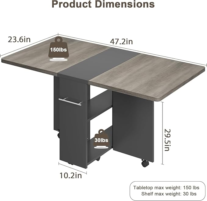 Space Saving Folding Dining Table with 2 Tier Storage-Extendable Drop Leaf Farmhouse Kitchen Dining Room Tables Set for 4, Collapsible Expandable Rectangle (Carlo Grey, 47.2"D x 23.6"W x 29.5"H)