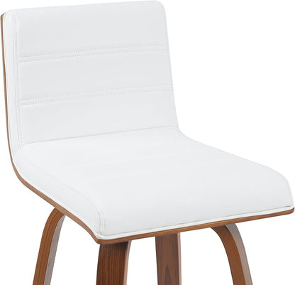 Vienna Modern Swivel Bar Height Stool with Snow White Faux Leather Seat and Walnut Finished Wood Frame Set of 2