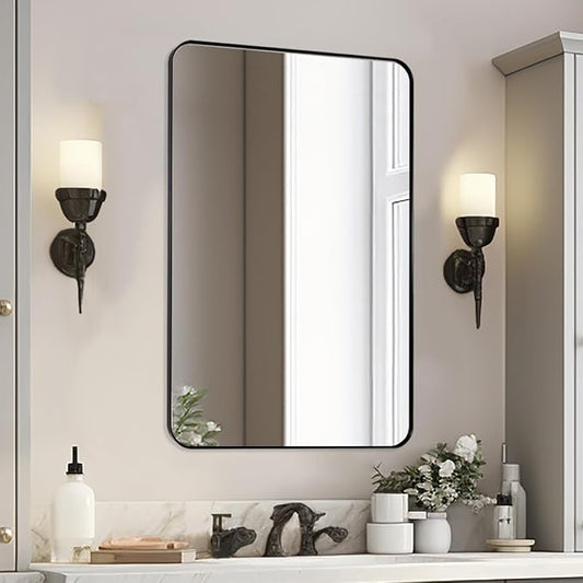Black Bathroom Mirror 24"x36", Modern Round Corner Bathroom Vanity Mirror, Matte Black Wall Mirror for Bedroom, Living Room, Shatterproof, Anti-Rust, Wall Mounted Horizontal or Vertical
