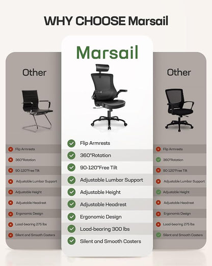 Marsail Office Chair Ergonomic Desk Chair, 360°Swivel Mesh Back Wide Computer Chair PU Leather Criss Cross Chair,Adjustable Lumbar Support & Flip-up Armrests,Adjustable Height Executive Task Chair