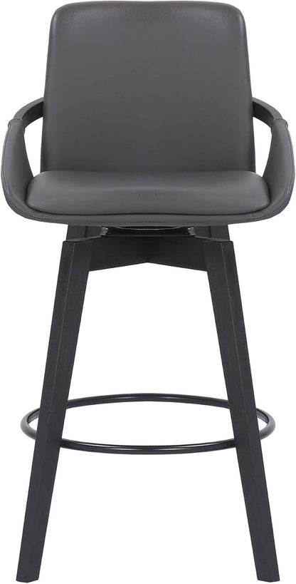 Armen Living Baylor Mid Century Modern Swivel Bar Stool for Kitchen Island Counter in Gray Faux Leather and Black Wood, 26" Seat Height