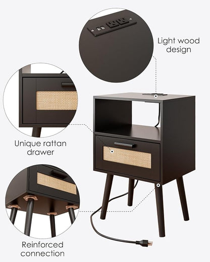 Bedroom Nightstands Wooden Night Stands with Rattan Weaving Drawer Home Bedside End Table for Bedroom Storage (Modern-Black)