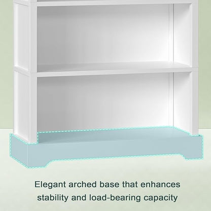 TVU 5-Tier Wooden Book Shelf, 65" Tall Bookshelf with Storage, Floor-Standing Display Bookcase, Farmhouse Style Bookshelf with Arched Base, Suitable for Living Room, Study, Office, White