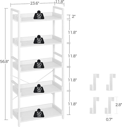 Rolanstar Bookshelf 5 Tier with 4 Hooks, Industrial Bookcase, Vintage Storage Rack with Open Shelves, Rustic Standing Bookshelves Metal Frame Display Rack for Living Room, Bedroom, White