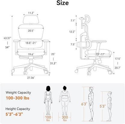 Newtral Office Chair Ergonomic - Home Office Desk Chair, Auto-Following Lumbar Support, 4D Armrest, Seat Depth and Height Adjustable for Long Time Sitting (with Footrest, Black)