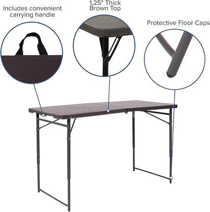 Flash Furniture Mills 4-Foot Height Adjustable Bi-Fold Brown Wood Grain Plastic Folding Table with Carrying Handle