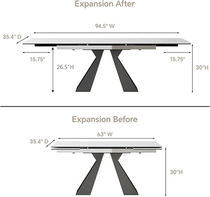 Extendable Dining Table for 8-12 Seat, Flexible Stretch, Tabletop Made from Rock Plate and Tempered Glass, Solid Carbon Steel Base, 35.4" D x 94.5" W x 30" H, White Top