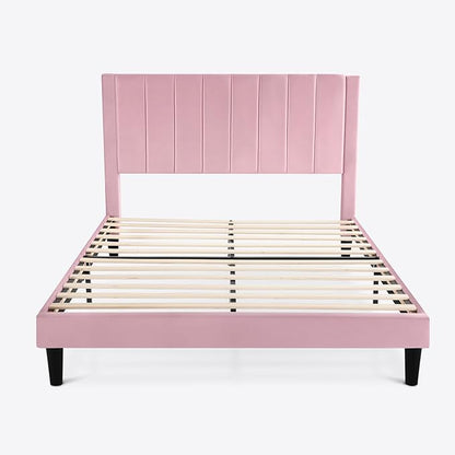 SHA CERLIN Queen Bed Frame/Velvet Upholstered Platform Bed Frame with Headboard/Strong Wood Slats Support/Mattress Foundation/No Box Spring Needed - Pink