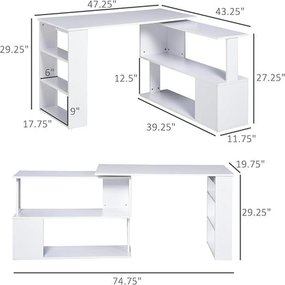 HOMCOM L Shaped Desk, Corner Computer Desk, 360 Degree Rotating Home Office Desk with Storage Shelves, Writing Table Workstation, White