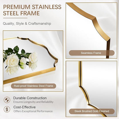 ANDY STAR 30x48 Inch Gold Bathroom Mirror, Large Brushed Gold Rectangle Mirror, Antique Brass Mirror in Rust-Proof Stainless Steel 1" Frame, Unique Wavy Frame Design, Vertically/Horizontally