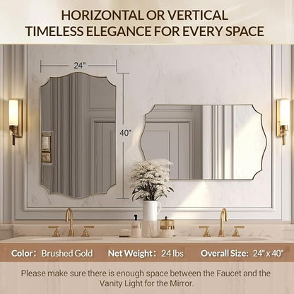 Gold Bathroom Mirror, 24"x40" Gold Asymmetrical Mirror with Scalloped Edge Design, Curved Mirror in Anti-Rust SUS304, Thin Metal Framed, 1" Deep Wall Mounted Vertically/Horizontal