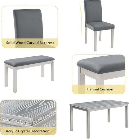 6-Piece Solid Wood Dining Table Set, Including 1 Dining Table, 4 Upholstered Chairs and 1 Bench, Wooden Dining Table Set with Crystal Decoration for Kitchen, Dining Room, Silver Grey