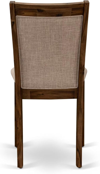 I7MZ7-50N-04 7-Pc Dining Set consists of a Pedestal Dining Table and 6 Light Tan Polyester Fabric Dining Chairs with Padded Back - Antique Walnut Finish