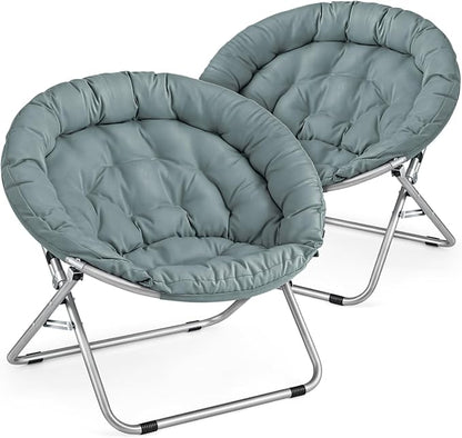MoNiBloom Round Folding Saucer Chairs Set of 2 for Bedroom Living Room Dorm Foldable Metal Frame Comfy Soft Lounge Lazy Cozy Moon Chairs for Teens (Teal)
