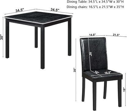 Dining Table Set for 4, 5-Piece Dining Room Table Set with Square Crystal Decoration Table & 4 Upholstered Backrest Chairs, Counter Height Kitchen Sets with Faux Wood Grain Design, Black