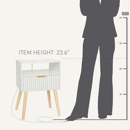 White Nightstand with Charging Station, Modern Bedside Table with Drawer and Solid Wood Legs, Fluted End Side Table for Bedroom, Dorm and Small Space (White)