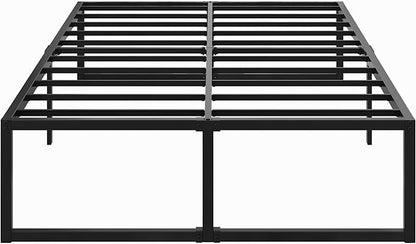 18 Inch Queen Bed Frame with Cover Skirt, Heavy Duty Steel Slat Support Metal Platform Bed Frame Queen Size No Box Spring Needed, Easy Assembly, Black and Blue