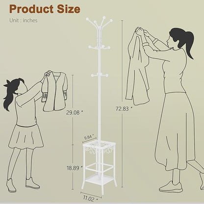 Hoctieon Coat Rack Freestanding, Coat Tree with Umbrella Holder, Metal Coat Rack Stand with 12 Hooks, Standing Coat Hanger Stand, Umbrella Stand for Entryway, Hat Rack Stand for Home Office, White
