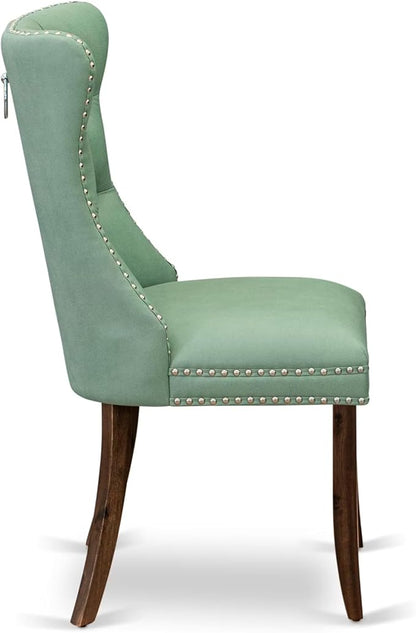 NEDA9-AWA-22 9-Piece Modern Dining Table Set Consists of a Kitchen Table and 8 Willow Green Polyester Dining Chairs with Button Tufted Back, 44x100 Inch, Antique Walnut