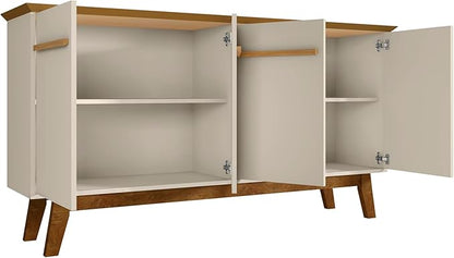 Manhattan Comfort Yonkers Mid Century Modern Sideboard Cabinet with Soft Close Doors, 4 Cubby Storage Spaces, Solid Wood Splayed Legs, Versatile Accent Buffet Stand, Off White/Cinnamon