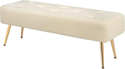 Furniliving 44 Inch Modern Ottoman Bench, Upholstered Faux Fur Fabric Entryway Benches with Gold Metal Frame for Living Room Vintage Indoor Benches End Bed Bench Footrest Ottoman (IvoryWhite)