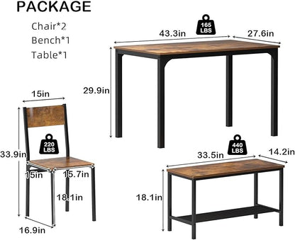 sogesfurniture 4-Piece Dining Table Set with 1 Bench and 2 Chairs, Kitchen Bench Table Set for 4, Wooden Kitchen Table and Chairs for Limited Space,Rustic Brown
