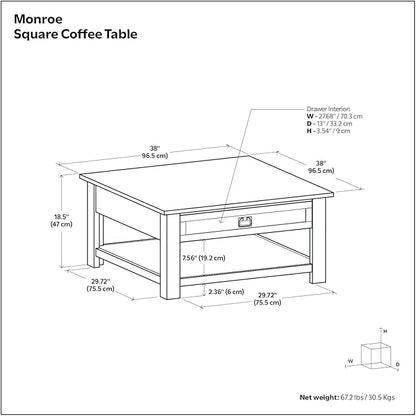SIMPLIHOME Monroe Square Coffee Table - 38 inch Wide Solid Acacia Wood Living Room Table in Rustic Natural Aged Brown, Rustic Cocktail Table for Family Room or Lounge with 2 Drawers and Open Shelf