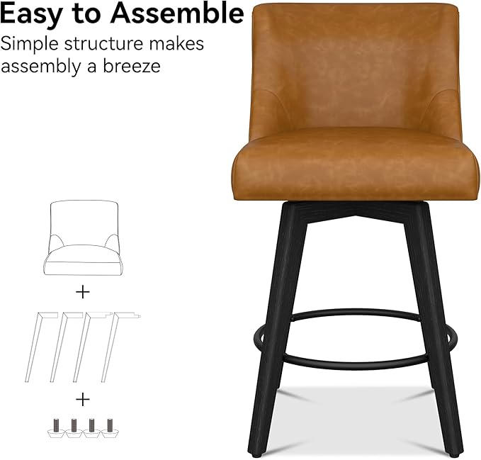 Counter Height Bar Stools Set of 3, Modern Swivel Barstools with Back and Wood Legs, Faux Leather Upholstered Bar Chairs, 26" H Kitchen Counter Stools, Kitchen Island Home Bar, Whisky Brown