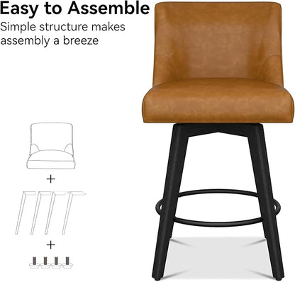 Counter Height Bar Stools Set of 6, Modern Swivel Barstools with Back and Wood Legs, Faux Leather Upholstered Bar Chairs, 26" H Kitchen Counter Stools, Kitchen Island Home Bar, Whisky Brown