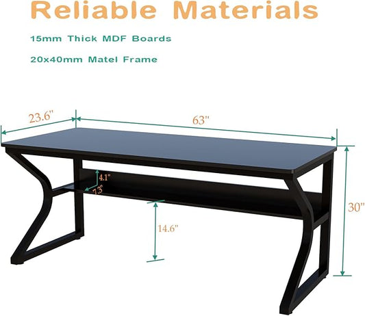 Extra Long Desk with Bookshelf - 63" Double Long Writing Table for 2-Person Workstation, Modern Study Work Computer Desk for Home and Office, Black