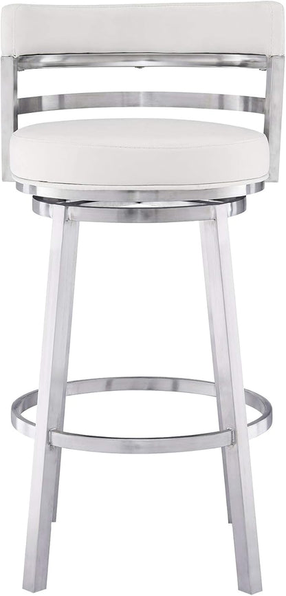 Armen Living Titana 30" Bar Height Swivel White Faux Leather and Brushed Stainless Steel Bar Stool