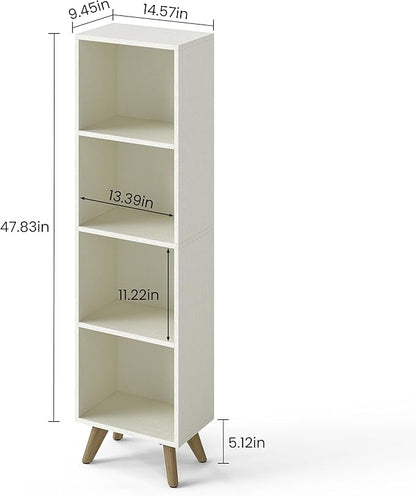 Manora Small Bookcase with 4 Open Shelves, Modern White Bookshelf with Wooden Legs, Narrow Storage Organizer for Living Room, Bedroom, Office