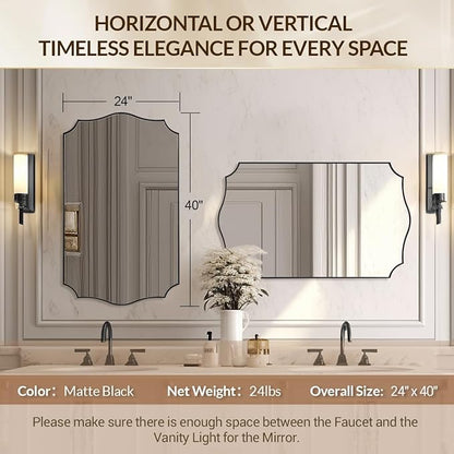 24x40 Black Mirror, Asymmetrical Vanity Mirror, Irregular Wall Mirror for Bathroom, Modern Mirror Wall Mounted Metal Framed for Bathroom, Bedroom, Living Room, Mantel